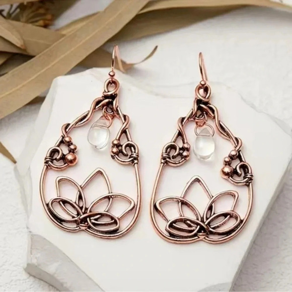 Champagne Lotus Flower Drop Hoop Earrings - Picture 6 of 6